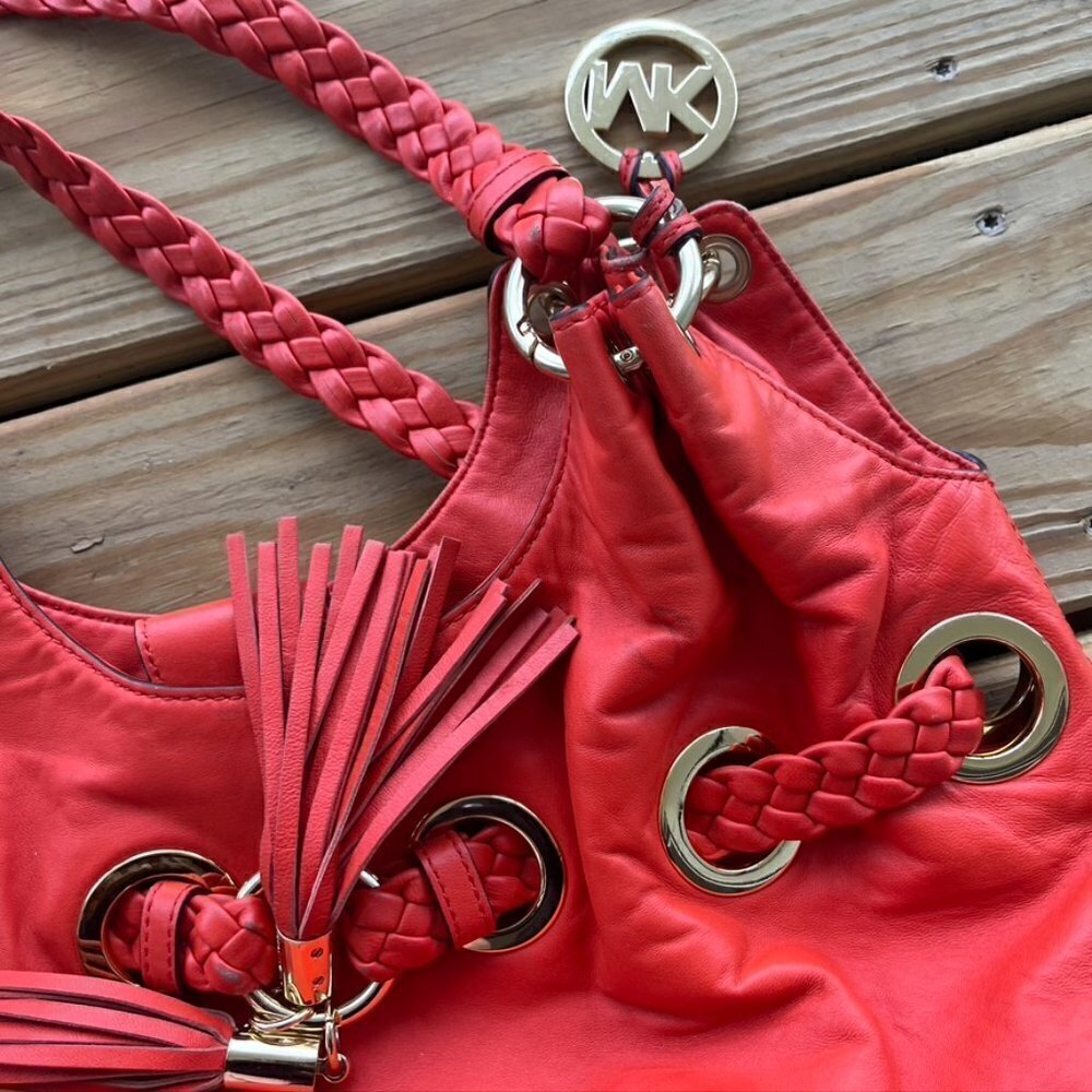 Michael Kors orange leather tassel hobo bag purse braided - Picture 7 of 12